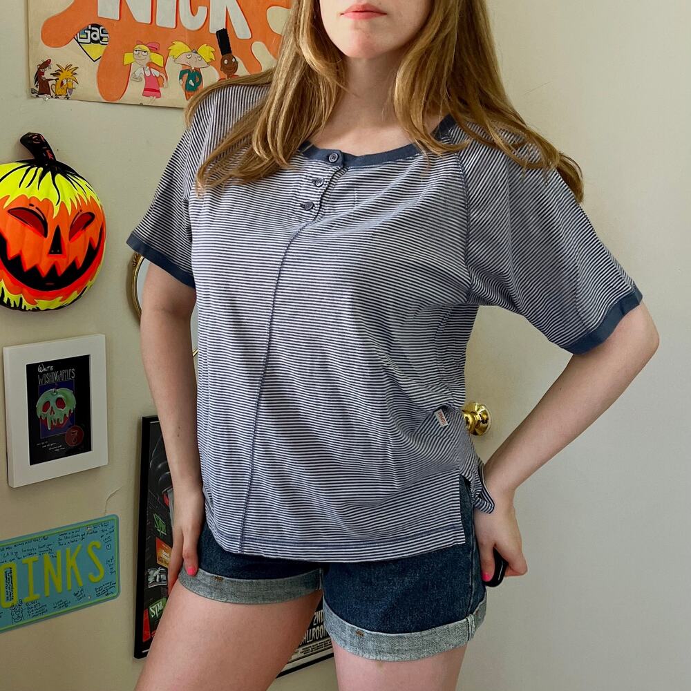 Vintage Y2K Esprit Blue Striped Henley T-Shirt Size Large Boatneck Top